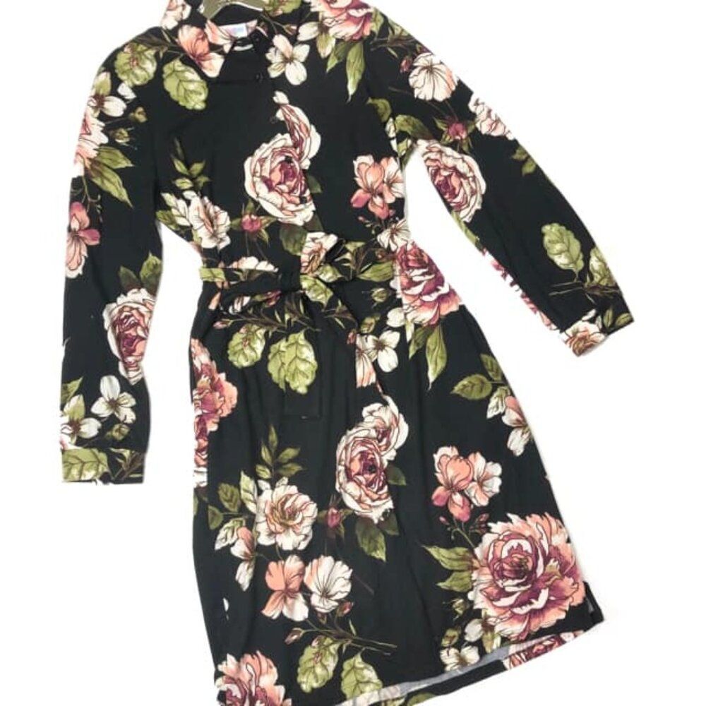 NEW 2XL Lularoe Ellie Shirt Dress Full Button Black Floral Midi Long Sleeve Belt